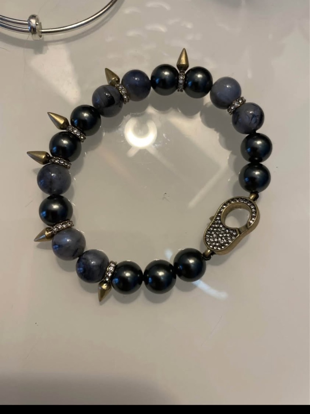 Stella & Dot Dark Gray/Blue RENEGADE BEADED STRETCH BRACELET Crystals Spikes NIB